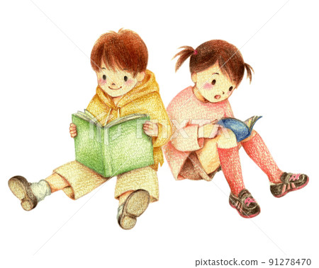 Boys and girls reading back to back hand-painted colored pencil drawings Boys and girls reading back to back hand-painted colored pencil drawings 91278470