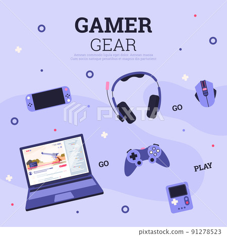 Gamer gear banner with gadgets for computer and VR games, vector illustration. 91278523