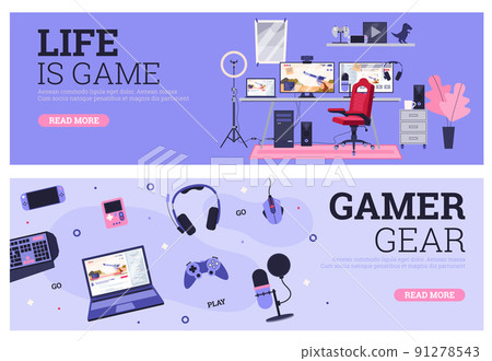 Computer games banners or flyers collection with gadgets vector illustration. 91278543