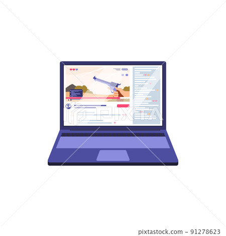 Gaming laptop computer with game on monitor, flat vector illustration isolated. Gaming laptop computer with game on monitor, flat vector illustration isolated. 91278623