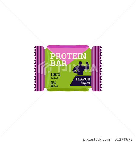 Protein bar with cocoa flavor and zero sugar, flat vector illustration isolated on white background. 91278672