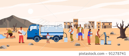 People suffer from water scarcity in drylands of Africa, flat vector illustration. 91278741