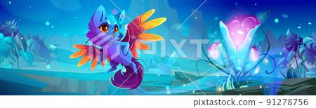 Cute monster cat on fantasy alien planet landscape Cute monster cat on fantasy alien planet landscape 91278756