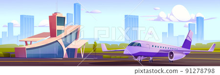 Airport terminal building with tower and airplane 91278798