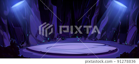 Ancient celtic stone platform in night forest 91278836