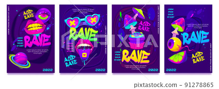 Psychedelic rave trip party banner template set 91278865