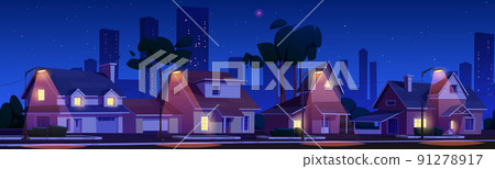 Street in suburb district with houses at night Street in suburb district with houses at night 91278917