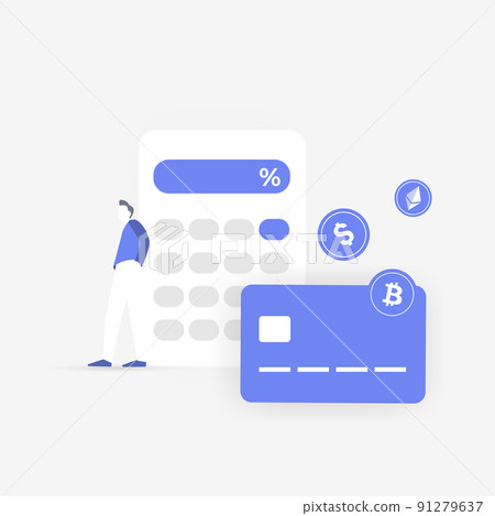 Tax payment with bitcoin, ethereum and dollars concept illustration. Bank card with calculator calculate tax revenue rate. Crypto investment and digital stock market trading 91279637