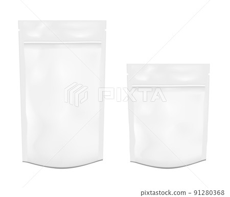 White empty plastic packaging with zipper. Blank foil or plastic sachet for food or drink 91280368