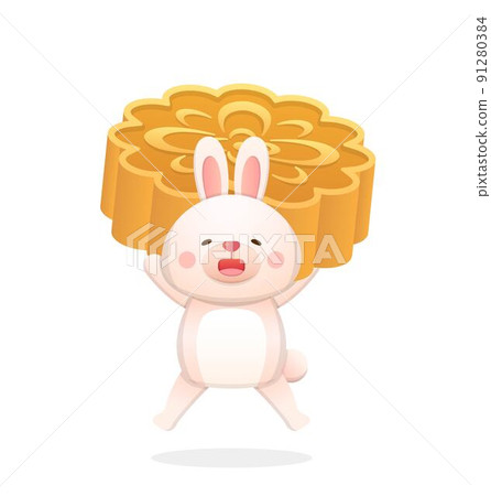 Cute rabbit mascot character and traditional food and desserts of Mid-autumn festival: moon cake Cute rabbit mascot character and traditional food and desserts of Mid-autumn festival: moon cake 91280384