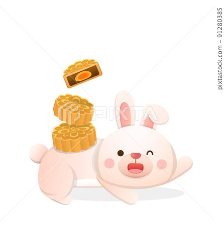 可愛的兔子吉祥物腳色與中秋節的傳統食物與甜點:月餅 可愛的兔子吉祥物腳色與中秋節的傳統食物與甜點:月餅 91280385