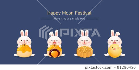 4個可愛的兔子吉祥物腳色與亞洲節日:中秋節,傳統食品:月餅 4個可愛的兔子吉祥物腳色與亞洲節日:中秋節,傳統食品:月餅 91280456
