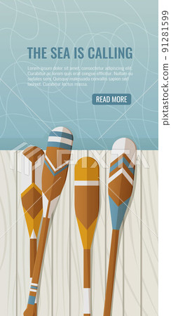 Oars on a wooden pontoon or pier near the water. Vector illustration in nautical summer style 91281599