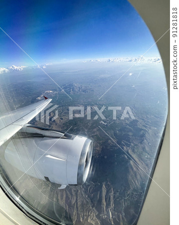 The view from the plane window to Turkey. Vacation vacation travel. The wing and turbine of the aircraft. 91281818