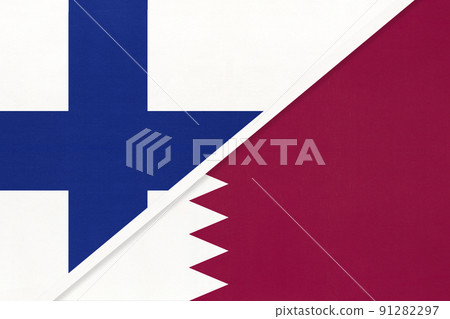 Finland and Qatar, symbol of country. Finnish vs Qatari national flags. Finland and Qatar, symbol of country. Finnish vs Qatari national flags. 91282297