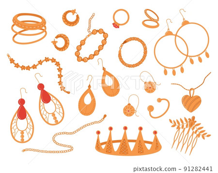 Gold accessories and jewelry. Vintage jewelries, golden accessories, necklace pendant and rings. Girl hair decor, diadema and earrings decent vector set 91282441