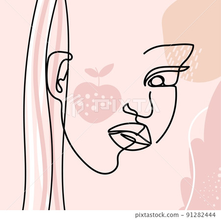 Trendy abstract line female face. Girl contemporary style portrait silhouette. Modern fashion vector print, decorative embroidery design 91282444