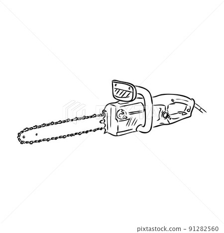 Doodle illustration of a chainsaw. Gardening power tools. The cutting of trees. Building tool. 91282560