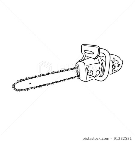 Doodle illustration of a chainsaw. Gardening power tools. The cutting of trees. Building tool. 91282581