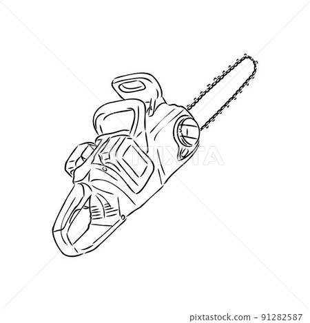 Doodle illustration of a chainsaw. Gardening power tools. The cutting of trees. Building tool. Doodle illustration of a chainsaw. Gardening power tools. The cutting of trees. Building tool. 91282587