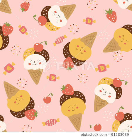 Kawaii pattern, kawaii food ice cream cone seamless pattern. Pink pattern, summer sweet background. Cute smiling ice creams, strawberry, cherry, candies wallpaper, textile design. Vector illustration. Kawaii pattern, kawaii food ice cream cone seamless pattern. Pink pattern, summer sweet background. Cute smiling ice creams, strawberry, cherry, candies wallpaper, textile design. Vector illustration. 91283089