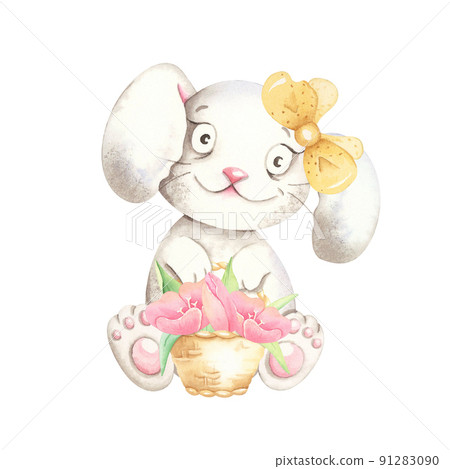 Cute watercolor bunny with flowers. Tulip flowers. Cute watercolor bunny with flowers. Tulip flowers. 91283090