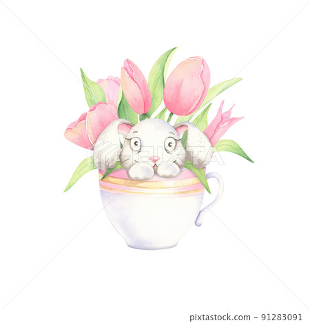 Cute watercolor bunny with flowers in a cup. Tulip flowers. Cute watercolor bunny with flowers in a cup. Tulip flowers. 91283091