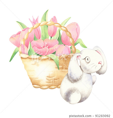 Cute Bunny Carrying A Basket of Flowers. Cute Bunny Carrying A Basket of Flowers. 91283092
