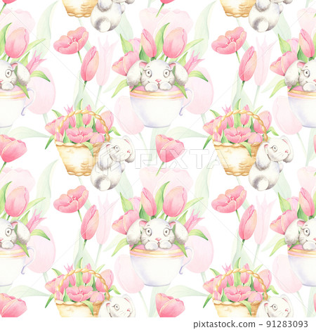 Cute seamless watercolor pattern with little rabbits, tulips. Spring modern digital paper for kids in pastel colors, pink shades. 91283093
