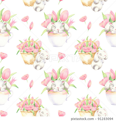 Cute seamless watercolor pattern with little rabbits, tulips. Spring modern digital paper for kids in pastel colors, pink shades. Cute seamless watercolor pattern with little rabbits, tulips. Spring modern digital paper for kids in pastel colors, pink shades. 91283094