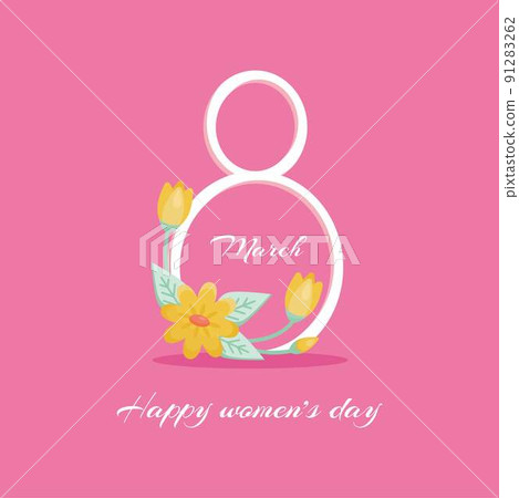 Vector International Women's Day greeting card. 8 March sign with the decor of spring plants, leaves and flowers. 91283262