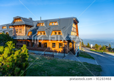 Wooden mountian chalet on the summit of Lysa Mountain 91283468