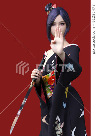 A bewitching young woman in a black kimono with hairpinned purple hair holding a sword and sticking her hand to the front A bewitching young woman in a black kimono with hairpinned purple hair holding a sword and sticking her hand to the front 91283478