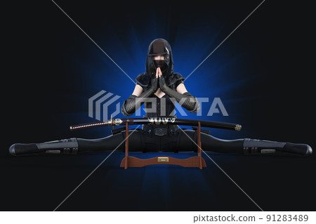 A cool Kunoichi wearing a ninja costume spreads his legs to the horizon and puts his hands on the sword placed on the table. 91283489
