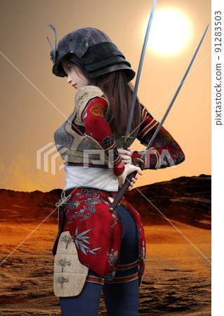 在大太陽升起的紅色荒野中，一名打扮成武士的女子背著兩把劍挑戰一場戰鬥。 91283503