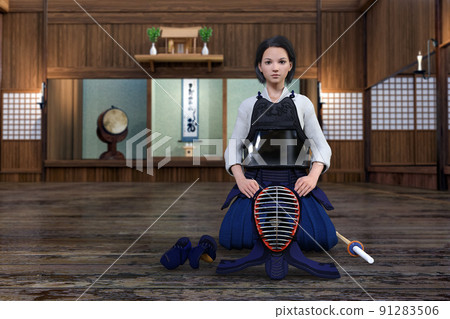 A girl who sits upright with a serious face and armor at a kendo hall with a Kamidana A girl who sits upright with a serious face and armor at a kendo hall with a Kamidana 91283506