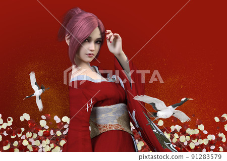 穿著紅色和服的妖嬈女子和服，鶴的圖案從鶴的圖案中冒出來。 91283579