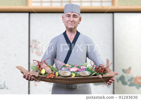 The head of the kitchen of a Japanese restaurant brings a beautiful seafood boat 91283630