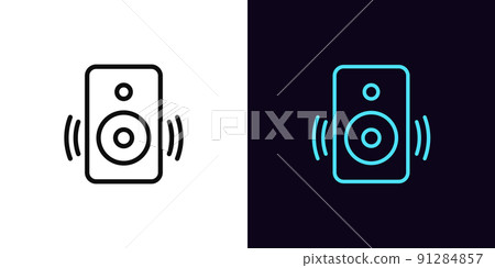 Outline music speaker icon, with editable stroke. Sound speaker with acoustic waves, loudspeaker pictogram. Audio box Outline music speaker icon, with editable stroke. Sound speaker with acoustic waves, loudspeaker pictogram. Audio box 91284857