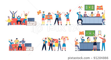 Sport fans characters. Fan on couch, football fanatics watching competition. Angry cheering flat teenager, soccer friends in bar recent vector scenes Sport fans characters. Fan on couch, football fanatics watching competition. Angry cheering flat teenager, soccer friends in bar recent vector scenes 91284866