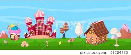 Candy game panorama. Gingerbread landscape, world chocolate and sweets house. Cartoon cupcakes and caramel. Kids biscuit land garish vector seamless pattern 91284880