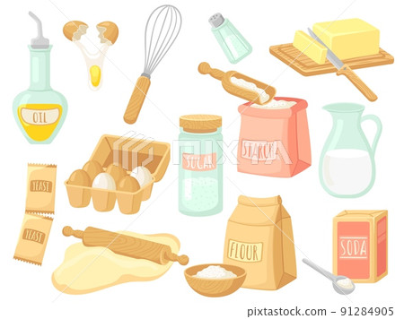 Cartoon food baking. Milk and salt, bake ingredients and tools. Fresh egg and powder, sugar for pastry. Isolated kitchen equipment, oil and butter neat vector set Cartoon food baking. Milk and salt, bake ingredients and tools. Fresh egg and powder, sugar for pastry. Isolated kitchen equipment, oil and butter neat vector set 91284905