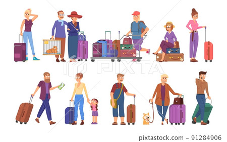 Tourist people characters. Sightseeing travelling, young family in tour with luggage and backpack. Woman man vacation, cartoon tourism decent vector set Tourist people characters. Sightseeing travelling, young family in tour with luggage and backpack. Woman man vacation, cartoon tourism decent vector set 91284906