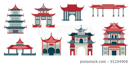 Chinese temples and buildings. Pagoda on china street, japanese housing and roof. Traditional oriental architecture, swanky palace and gates vector set 91284908