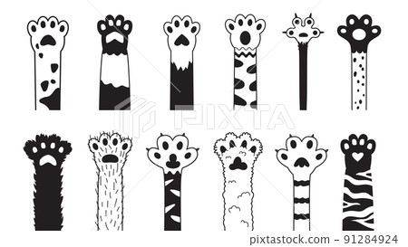 Black cat paws. Cartoon cute pet paw, kitten legs decorative print for wall or sticker stencils. Animal interior decor, doodle kitty footprint classy vector set 91284924