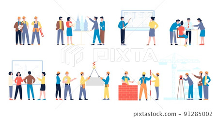 Builders characters. Workers and builder, technician architecture working. Cartoon people construction and discuss projects, architects recent vector set 91285002
