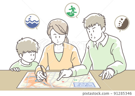 Illustration of a family checking the evacuation route on a hazard map 91285346