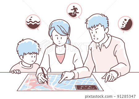 Illustration of a family checking the evacuation route on a hazard map 91285347