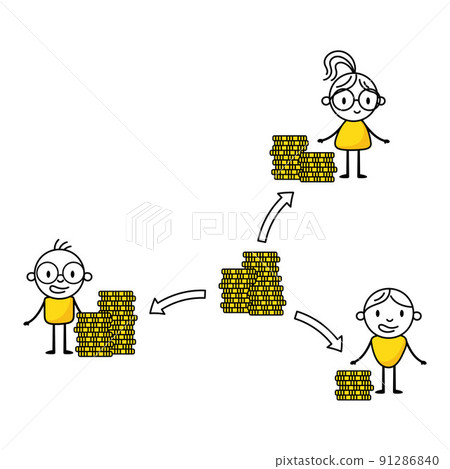 Men and woman standing near stack coins. Earning money concept. Vector stock illustration 91286840