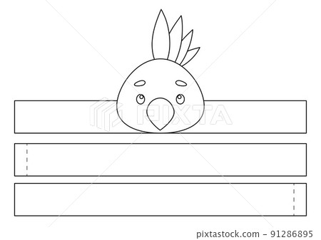 Printable parrot paper crown. Fun accessory for entertainment. Diy cut party ribbon template for birthday, christmas, baby shower. Print, color, cut and glue. Vector stock illustration. 91286895